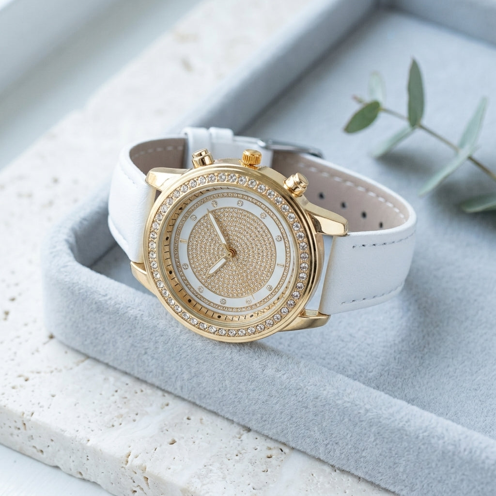 Montre femme strass double lunette, bracelet cuir blanc