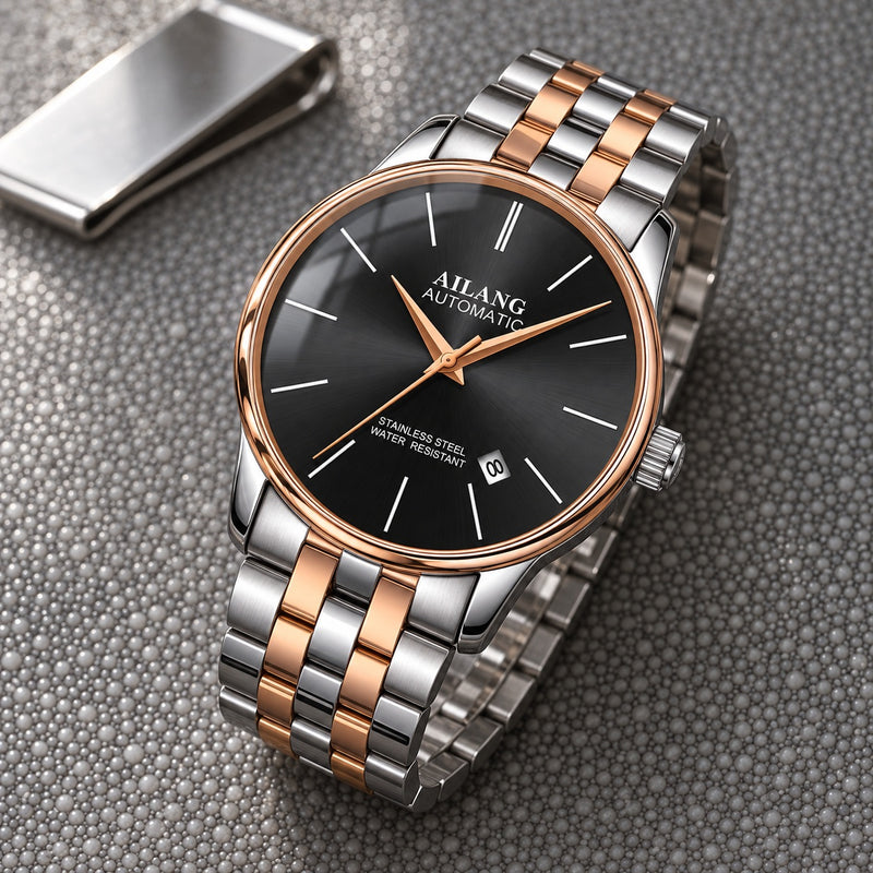 Montre Homme Squelette Luxe Acier – bicolore or rose, cadran noir