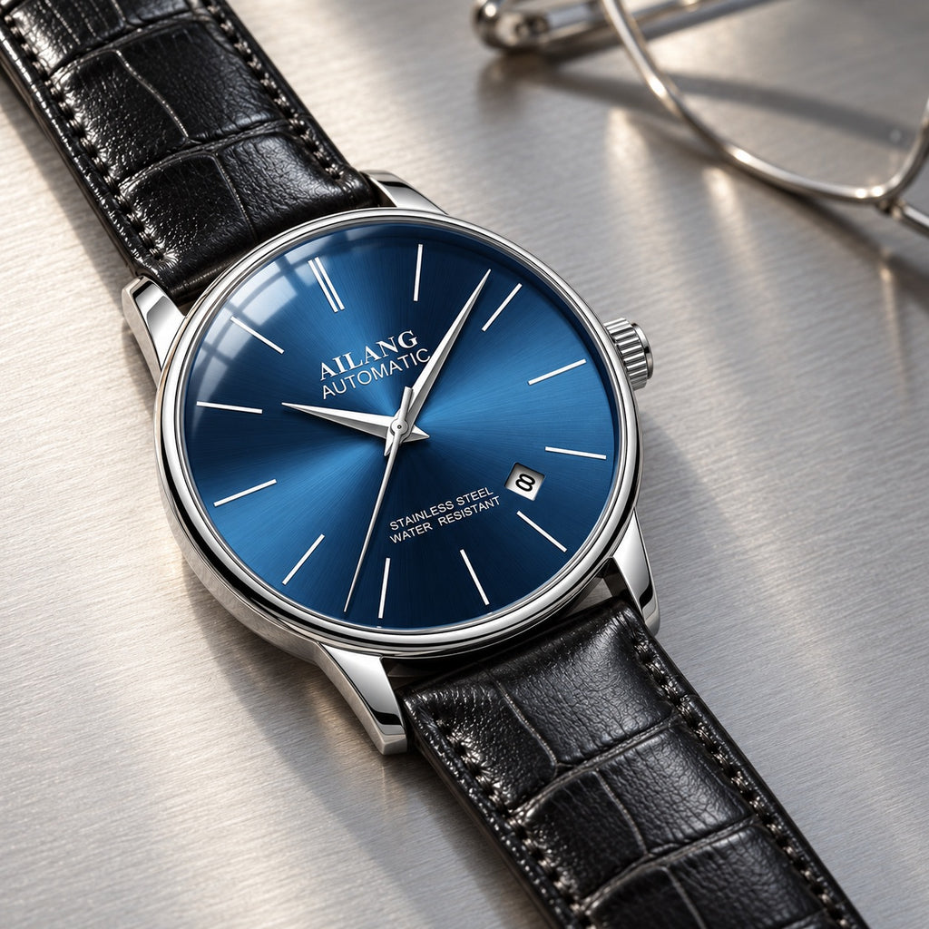 Montre Homme Squelette Luxe Acier – boîtier acier, cadran bleu, cuir noir