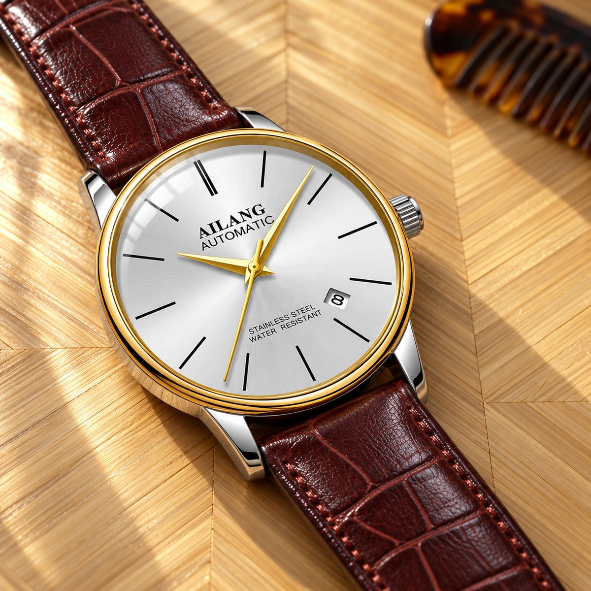 Montre Homme Squelette Luxe Acier – or, cadran blanc, cuir marron