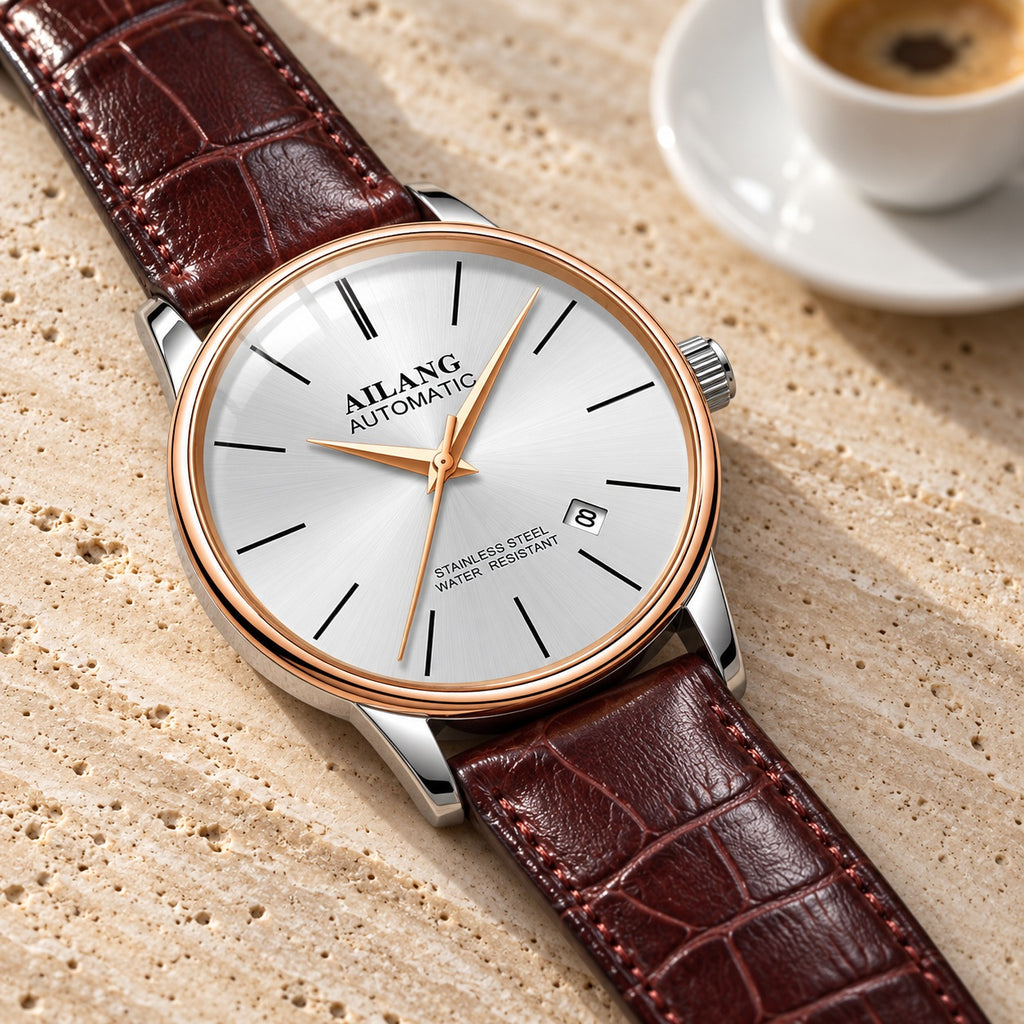 Montre Homme Squelette Luxe Acier – or rose, cadran blanc, cuir marron