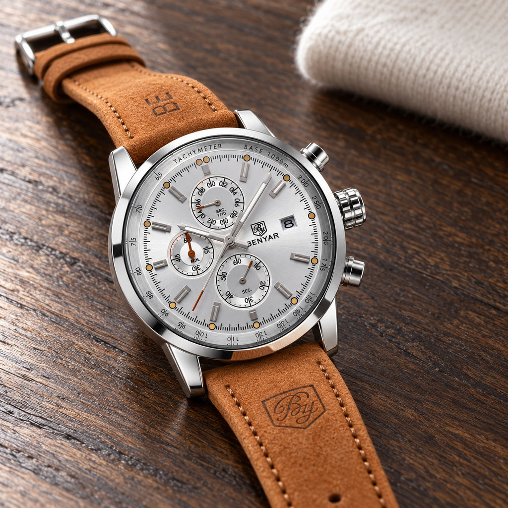 Montre Homme Chronographe Cuir Élégante – acier, cadran argent, cuir camel