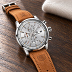 Montre Homme Chronographe Cuir Élégante – acier, cadran argent, cuir camel