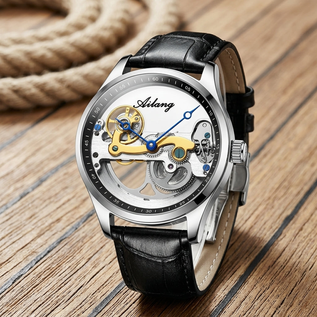 Montre Homme Squelette Transparente Cuir – boîtier argent, rehaut noir, cuir noir