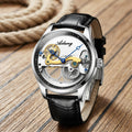 Montre Homme Squelette Transparente Cuir – boîtier argent, rehaut noir, cuir noir
