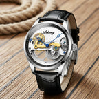 Montre Homme Squelette Transparente Cuir – boîtier argent, rehaut noir, cuir noir