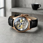 Montre Homme Squelette Transparente Cuir – boîtier or rose, rehaut noir, cuir noir