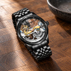 Montre Homme Squelette Transparente Cuir – boîtier noir, rehaut noir, bracelet acier noir