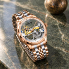 Montre Homme Squelette Transparente Cuir – boîtier or rose, rehaut blanc, bracelet acier or rose
