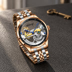 Montre Homme Squelette Transparente Cuir – boîtier or rose, rehaut noir, bracelet acier or rose