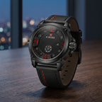 Montre Homme Sport Militaire Cuir – boîtier noir, chiffres rouges, cuir noir surpiqûres rouges