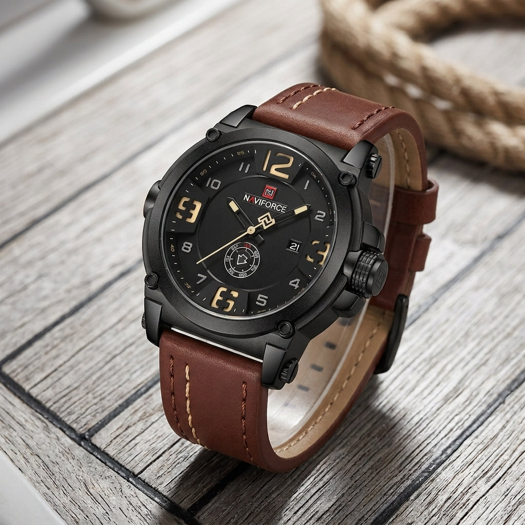 Montre Homme Sport Militaire Cuir – boîtier noir, chiffres beiges, cuir café (brun foncé)