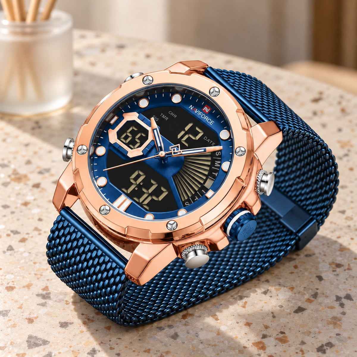 Montre Homme Double Affichage Sport – boîtier or rose, cadran bleu, maille bleue