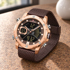 Montre Homme Double Affichage Sport – boîtier or rose, maille café (brun)