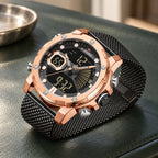 Montre Homme Double Affichage Sport – boîtier or rose, maille noire