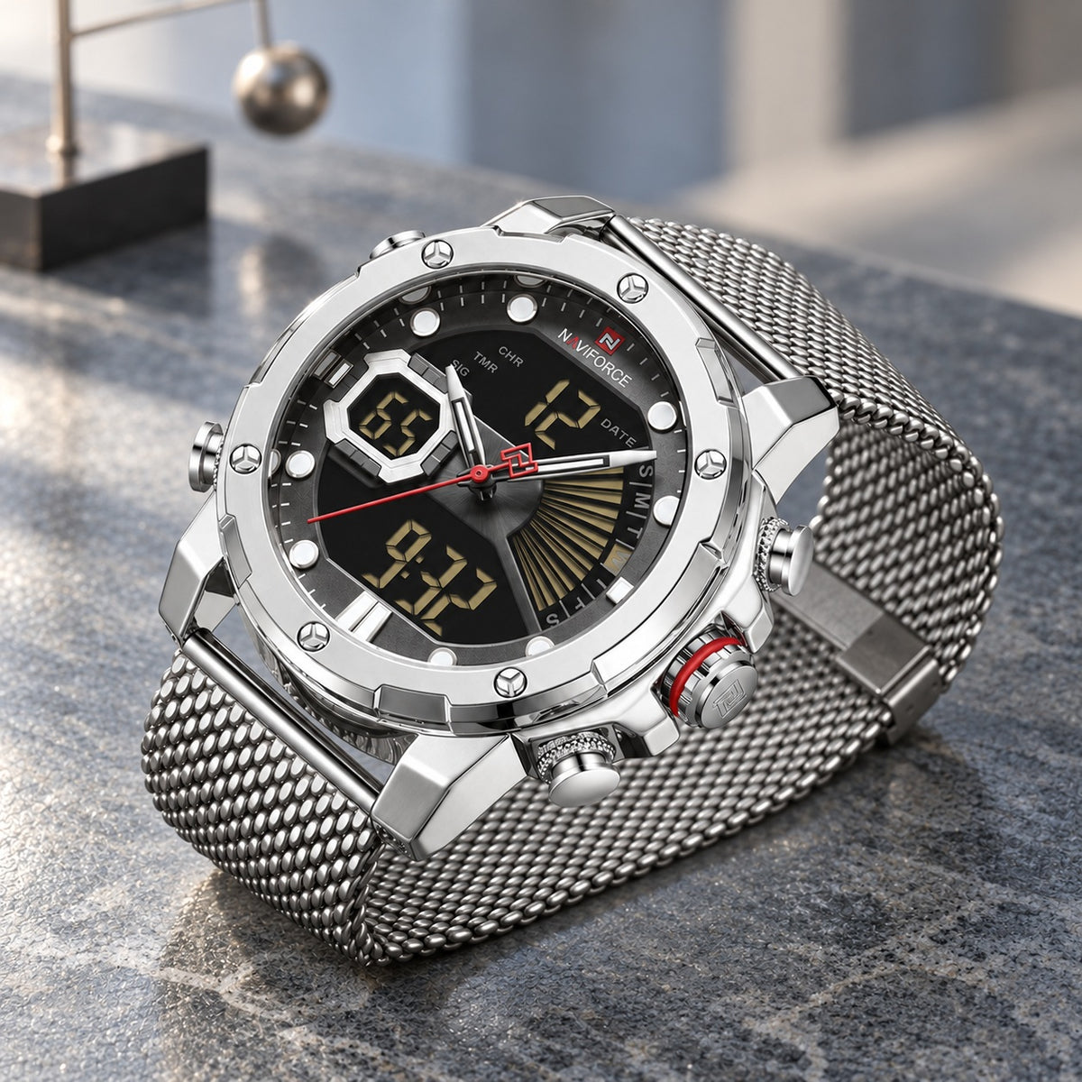 Montre Homme Double Affichage Sport – boîtier et maille argent