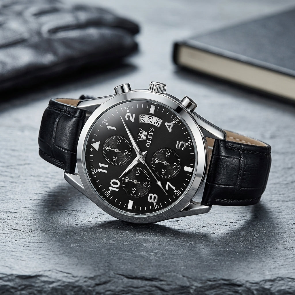 Montre Homme Chronographe Cuir Luxe – boîtier argent, cadran noir, cuir noir