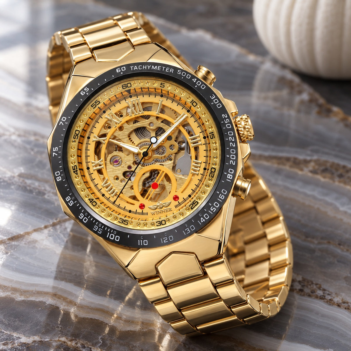 Montre Homme Squelette Sport Acier – boîtier et bracelet or, cadran squelette or