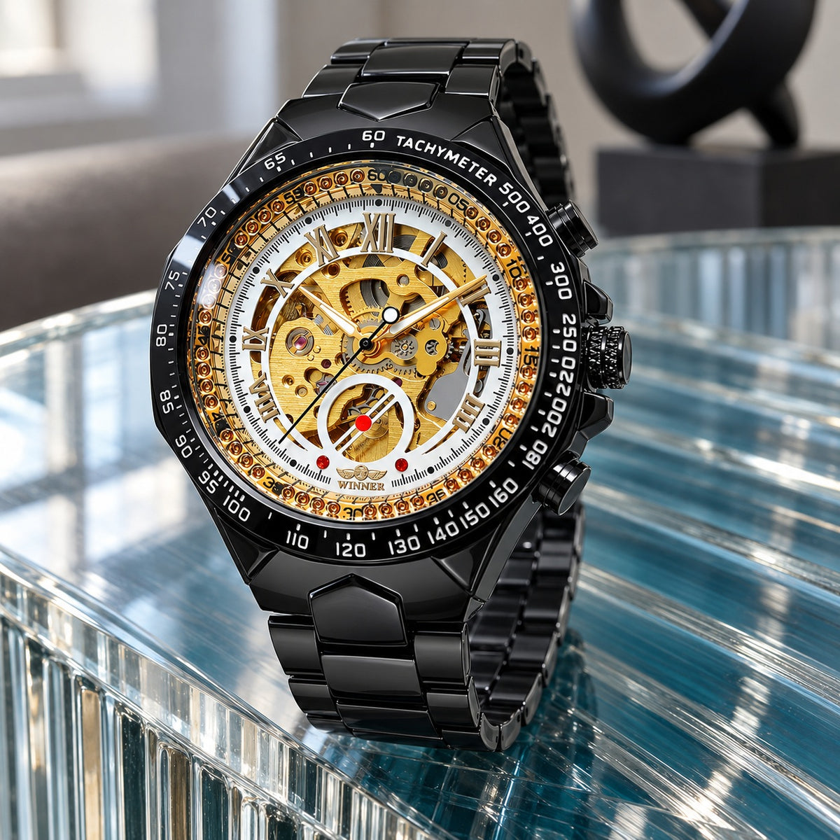 Montre Homme Squelette Sport Acier – boîtier et bracelet noirs, cadran squelette or clair