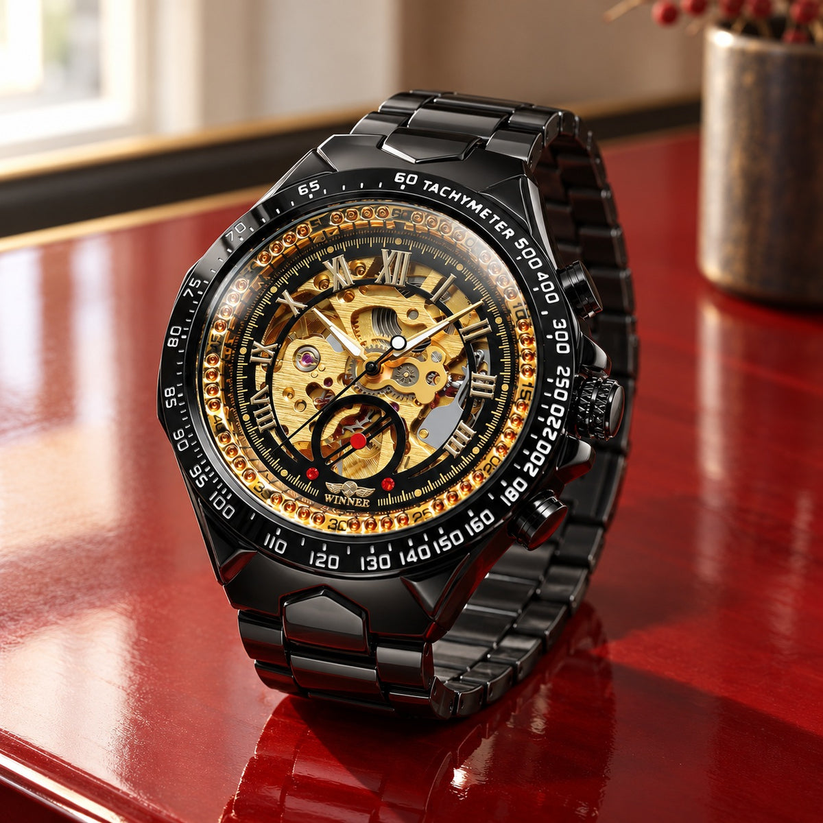 Montre Homme Squelette Sport Acier – boîtier et bracelet noirs, cadran squelette noir et or