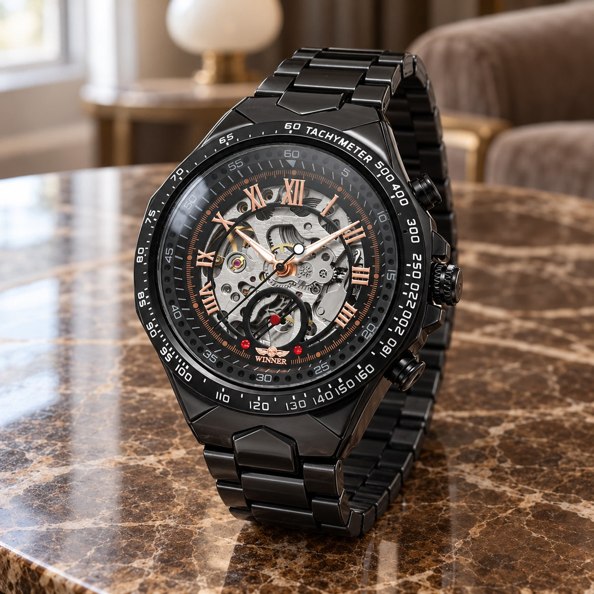 Montre Homme Squelette Sport Acier – boîtier et bracelet noirs, cadran squelette noir, chiffres or rose