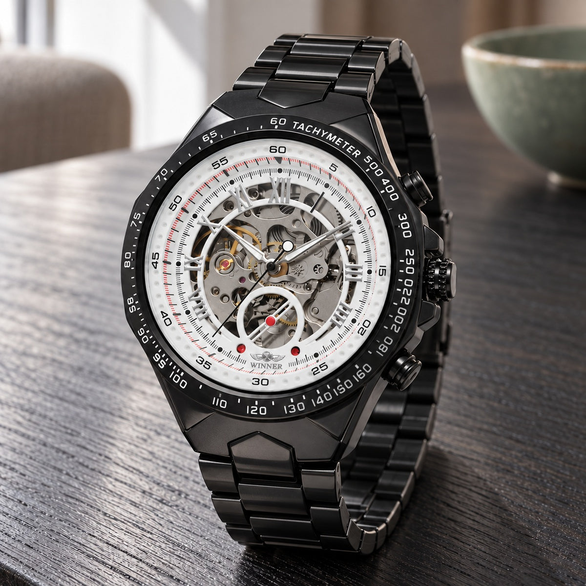 Montre Homme Squelette Sport Acier – boîtier et bracelet noirs, cadran squelette blanc