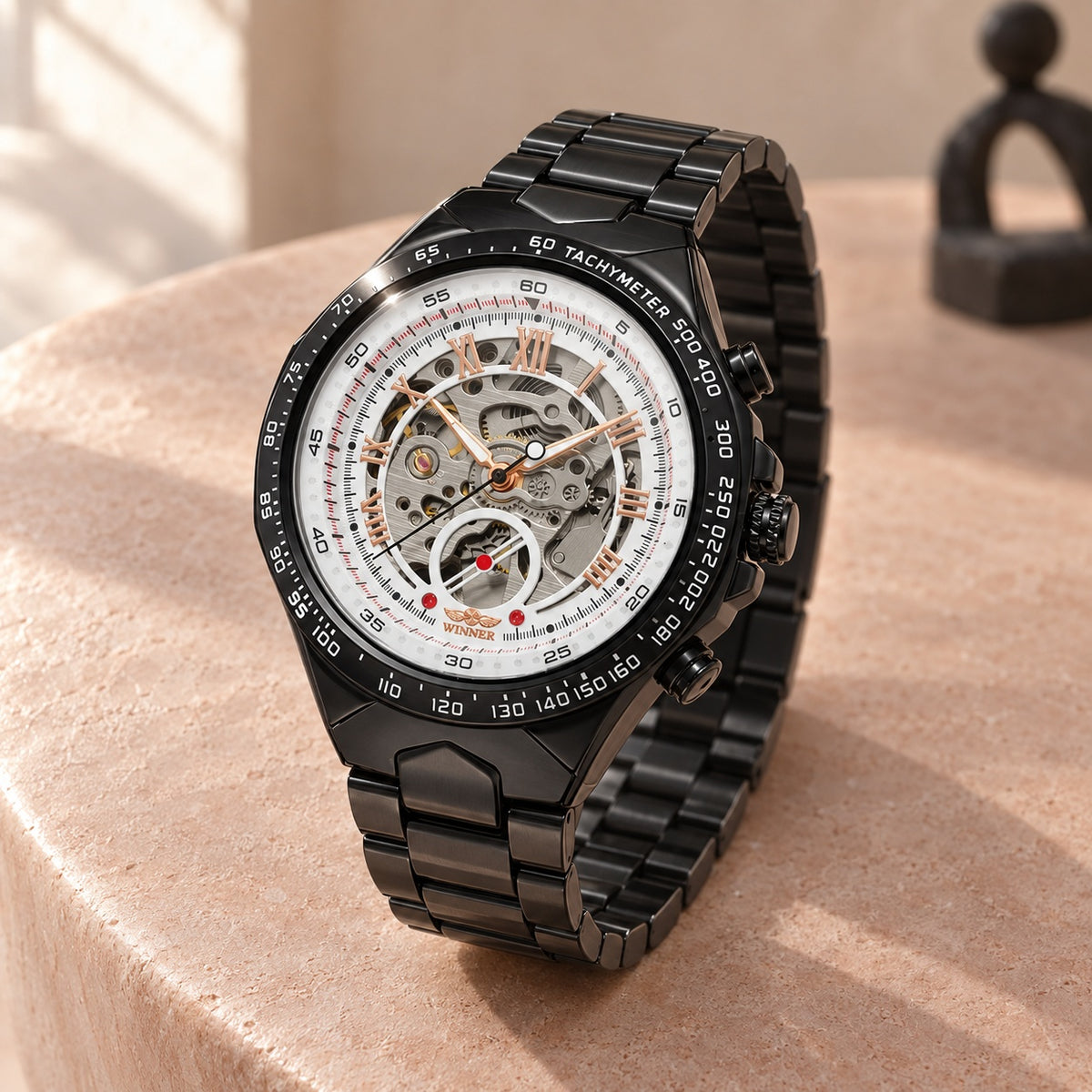 Montre Homme Squelette Sport Acier – boîtier et bracelet noirs, cadran squelette blanc