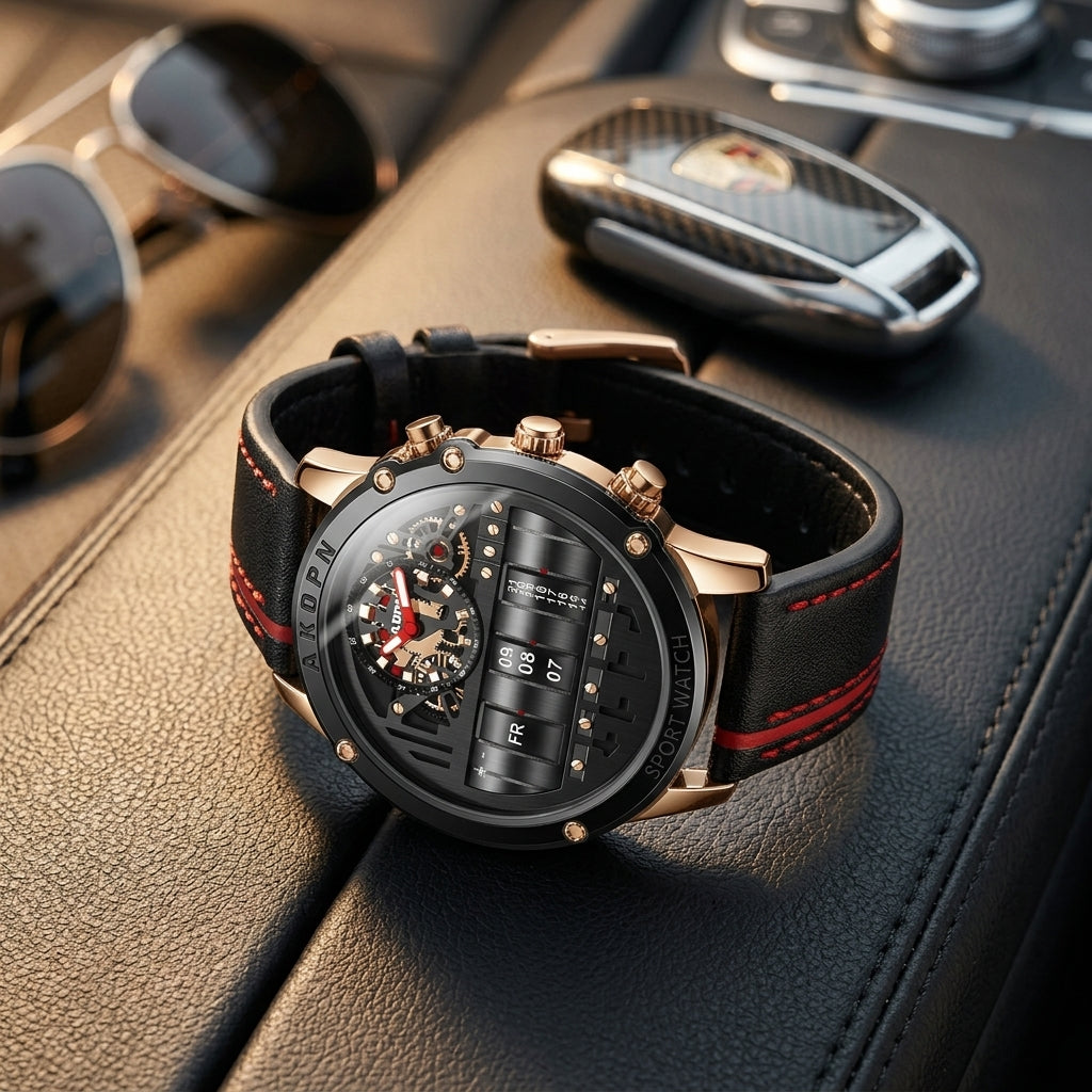 Montre Homme Tambour Design Cuir – cadran noir, lunette noire, détails or rose, cuir noir à bande rouge