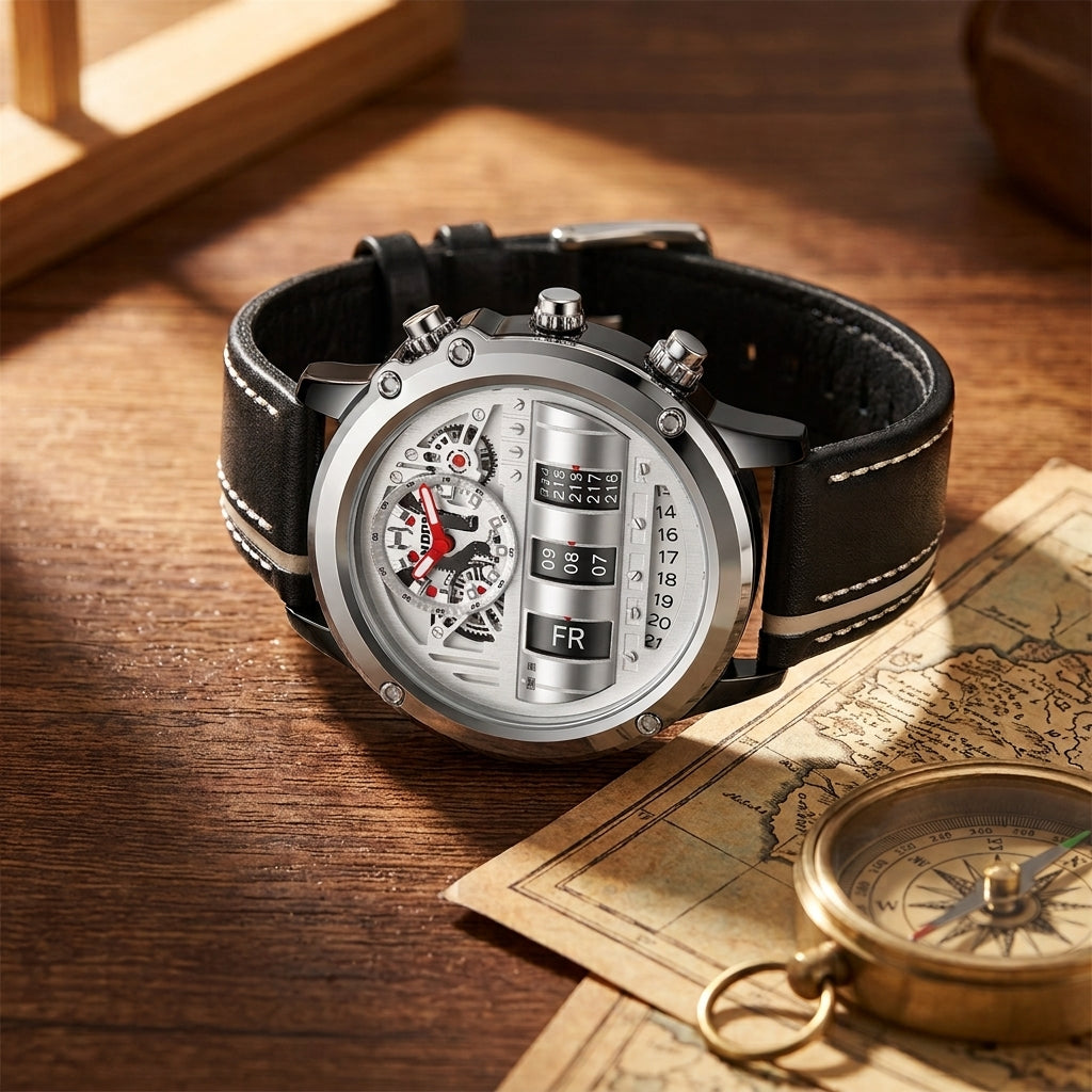 Montre Homme Tambour Design Cuir – cadran blanc/argent, boîtier argent et noir, cuir noir à bande beige