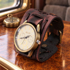 Montre Manchette Cuir Rétro – manchette cuir marron-bordeaux vieilli, boîtier bronze, cadran beige
