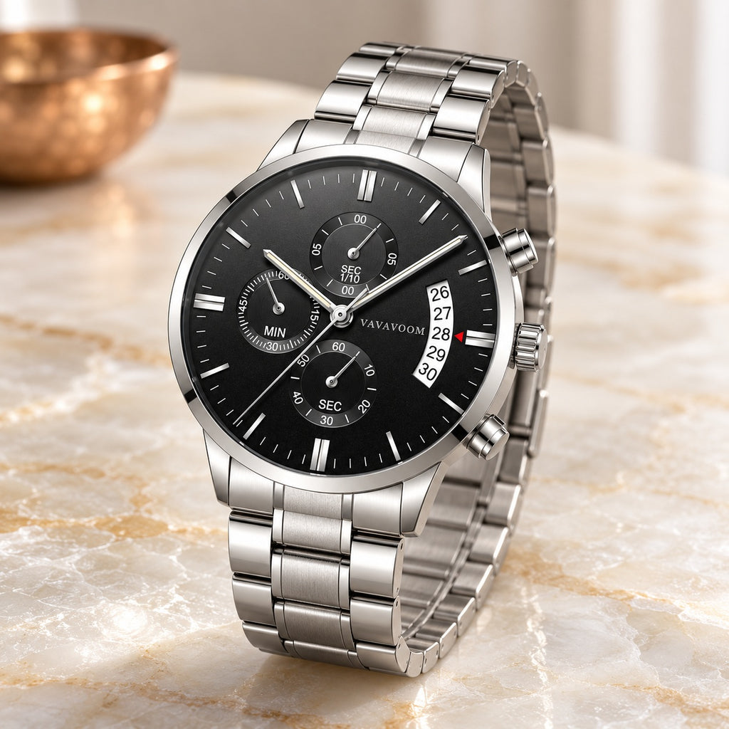 Montre Homme Chronographe Acier Maillons – acier argent, cadran noir