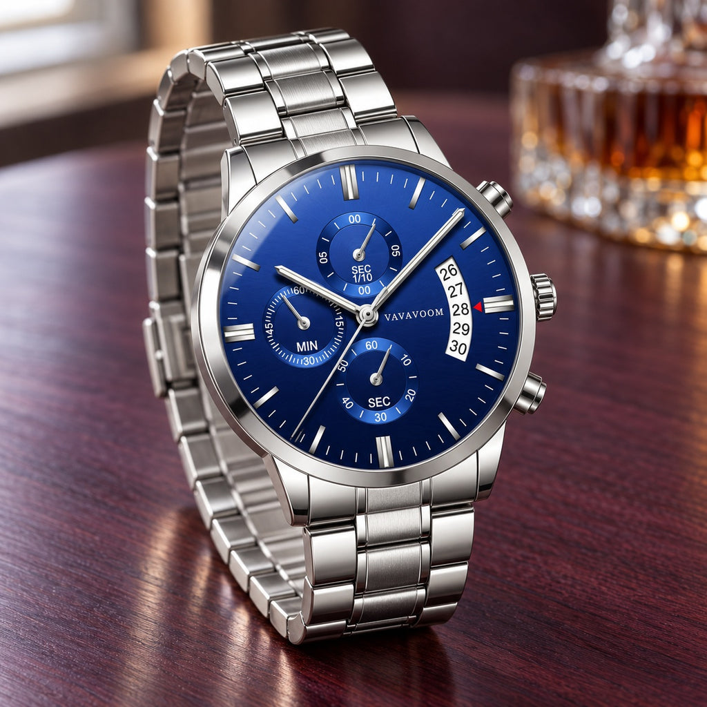Montre Homme Chronographe Acier Maillons – acier argent, cadran bleu