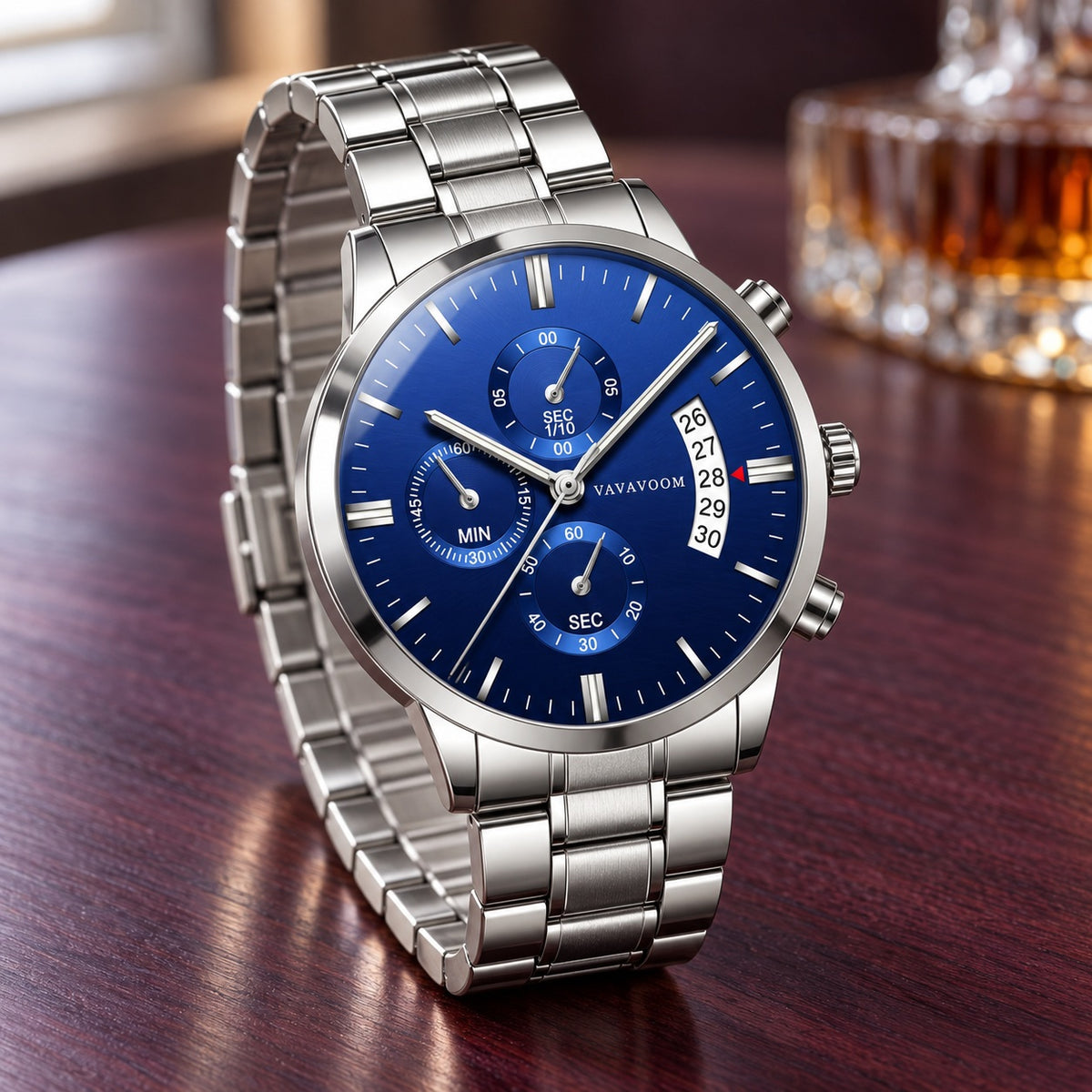 Montre Homme Chronographe Acier Maillons – acier argent, cadran bleu
