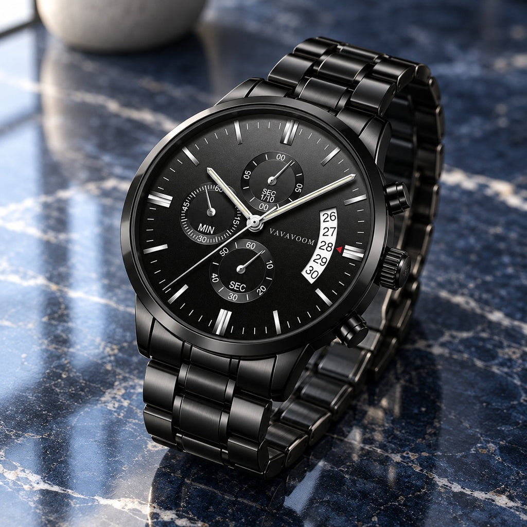 Montre Homme Chronographe Acier Maillons – acier noir, cadran noir, index et aiguilles argent