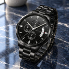Montre Homme Chronographe Acier Maillons – acier noir, cadran noir, index et aiguilles argent