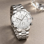 Montre Homme Chronographe Acier Maillons – acier argent, cadran blanc