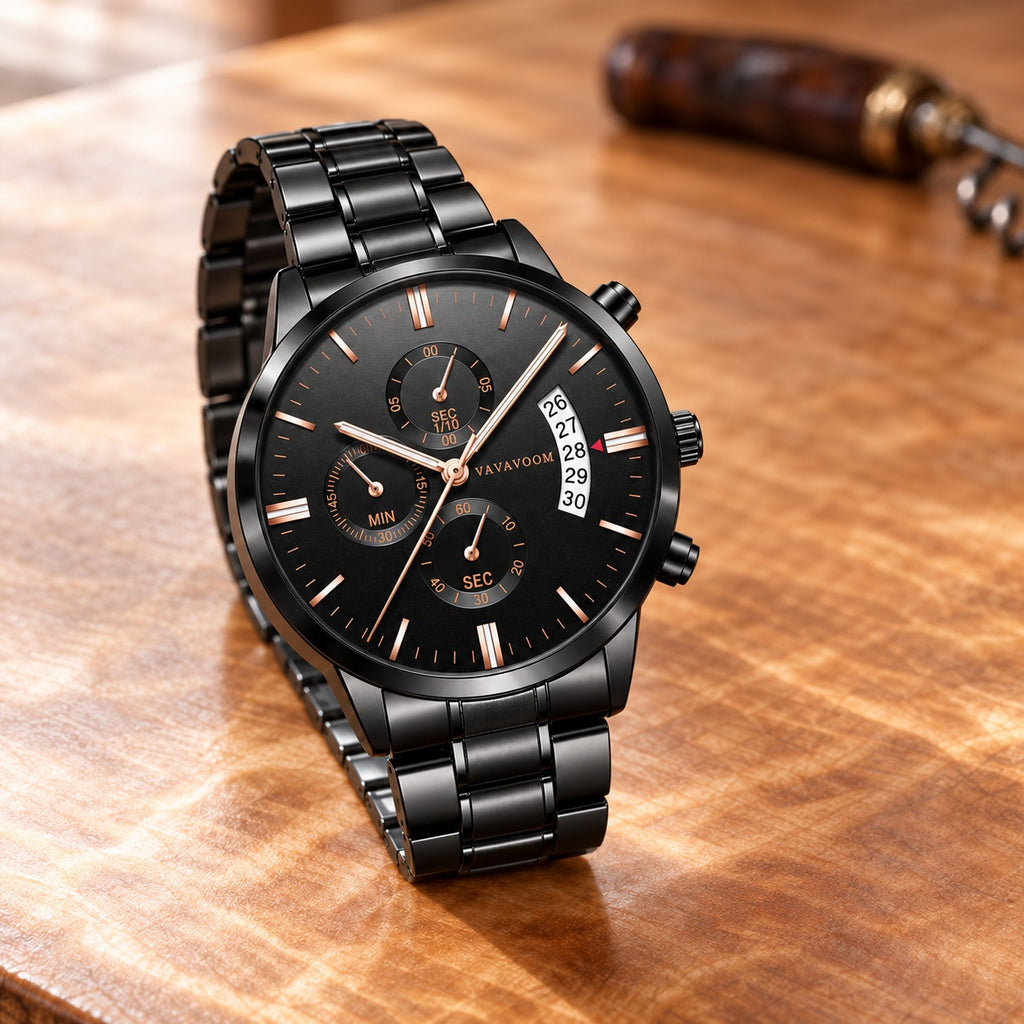 Montre Homme Chronographe Acier Maillons – acier noir, cadran noir, index et aiguilles or rose