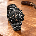 Montre Homme Chronographe Acier Maillons – acier noir, cadran noir, index et aiguilles or rose