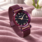 Montre Ciel Étoilé Bracelet Aimanté – boîtier et maille violets, cadran violet/noir étoilé