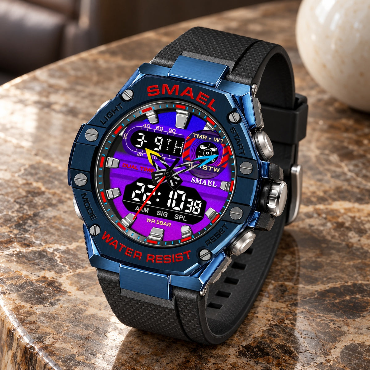 Montre Homme Digitale Sport – lunette bleu acier, écran coloré, silicone noir