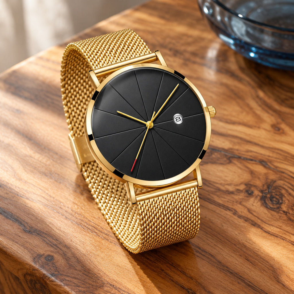 Montre Homme Extra-Plate Minimaliste – boîtier or, cadran noir, maille dorée