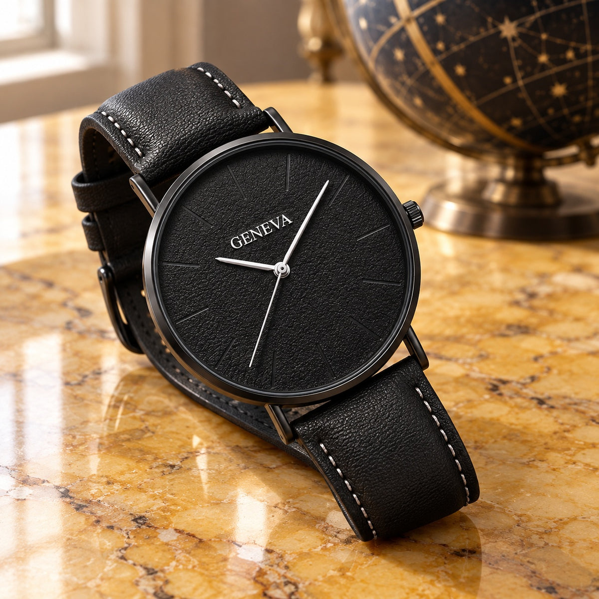 Montre Homme Minimaliste Cuir – boîtier noir, cadran noir texturé, cuir noir