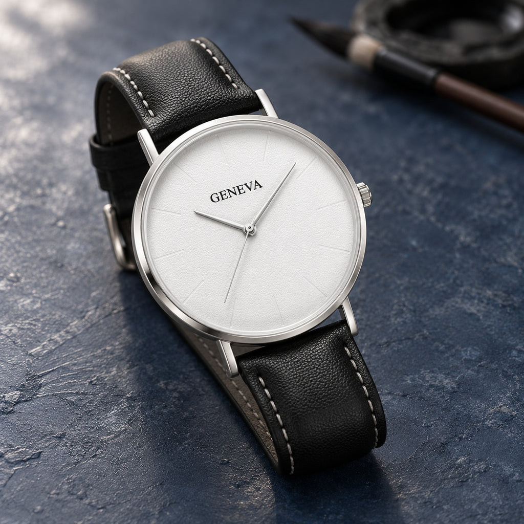 Montre Homme Minimaliste Cuir – boîtier argent, cadran blanc, cuir noir