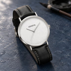 Montre Homme Minimaliste Cuir – boîtier argent, cadran blanc, cuir noir
