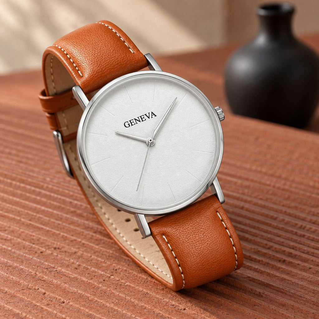 Montre Homme Minimaliste Cuir – boîtier argent, cadran blanc, cuir camel