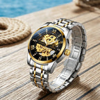 Montre Homme Squelette Acier Chiffres Romains – bicolore acier/or, cadran noir