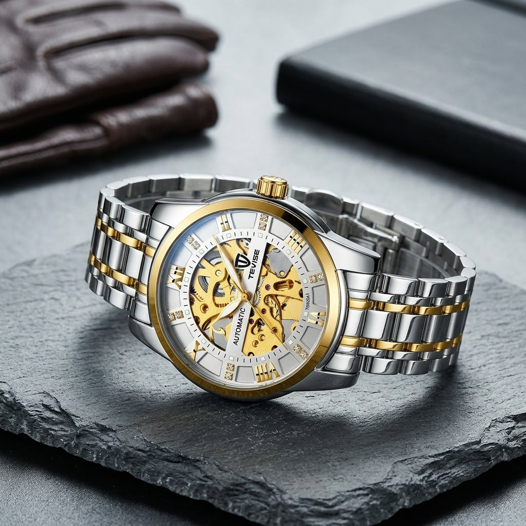Montre Homme Squelette Acier Chiffres Romains – bicolore acier/or, cadran blanc