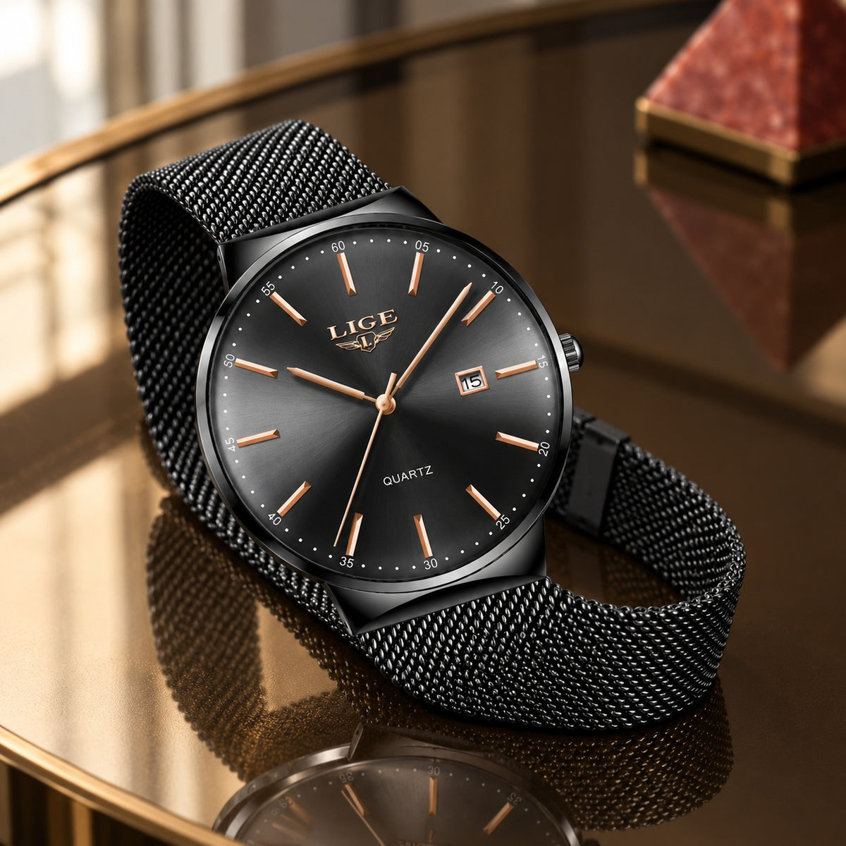 Montre Homme Extra-Plate Maille Milanaise – boîtier, cadran et maille noirs, index or rose