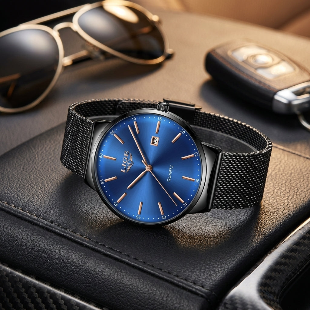 Montre Homme Extra-Plate Maille Milanaise – boîtier et maille noirs, cadran bleu, index or rose