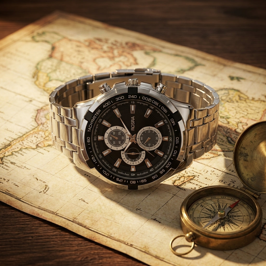 Montre Homme Chronographe Acier Tachymètre – acier argent, lunette noire, cadran noir